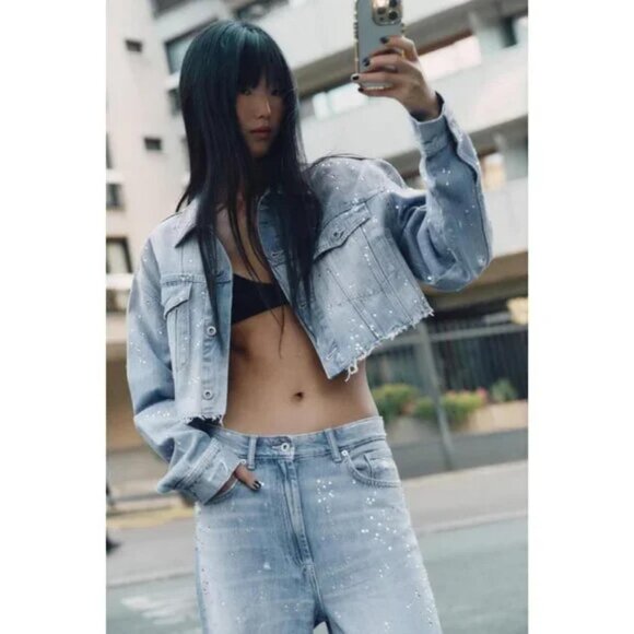 ZARA TRF STRASS CROP DENIM JACKET - Picture 2 of 9